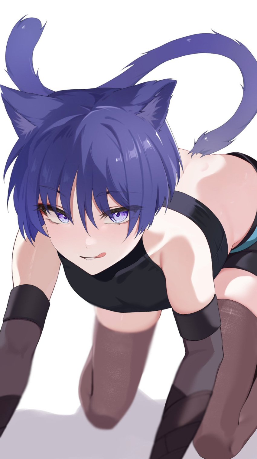 1boy arched_back blush cat_ears cat_tail catboy chobonu clothed cute femboy genshin_impact girly male_only non_sexual open_mouth scaramouche_(genshin_impact) tagme tongue tongue_out