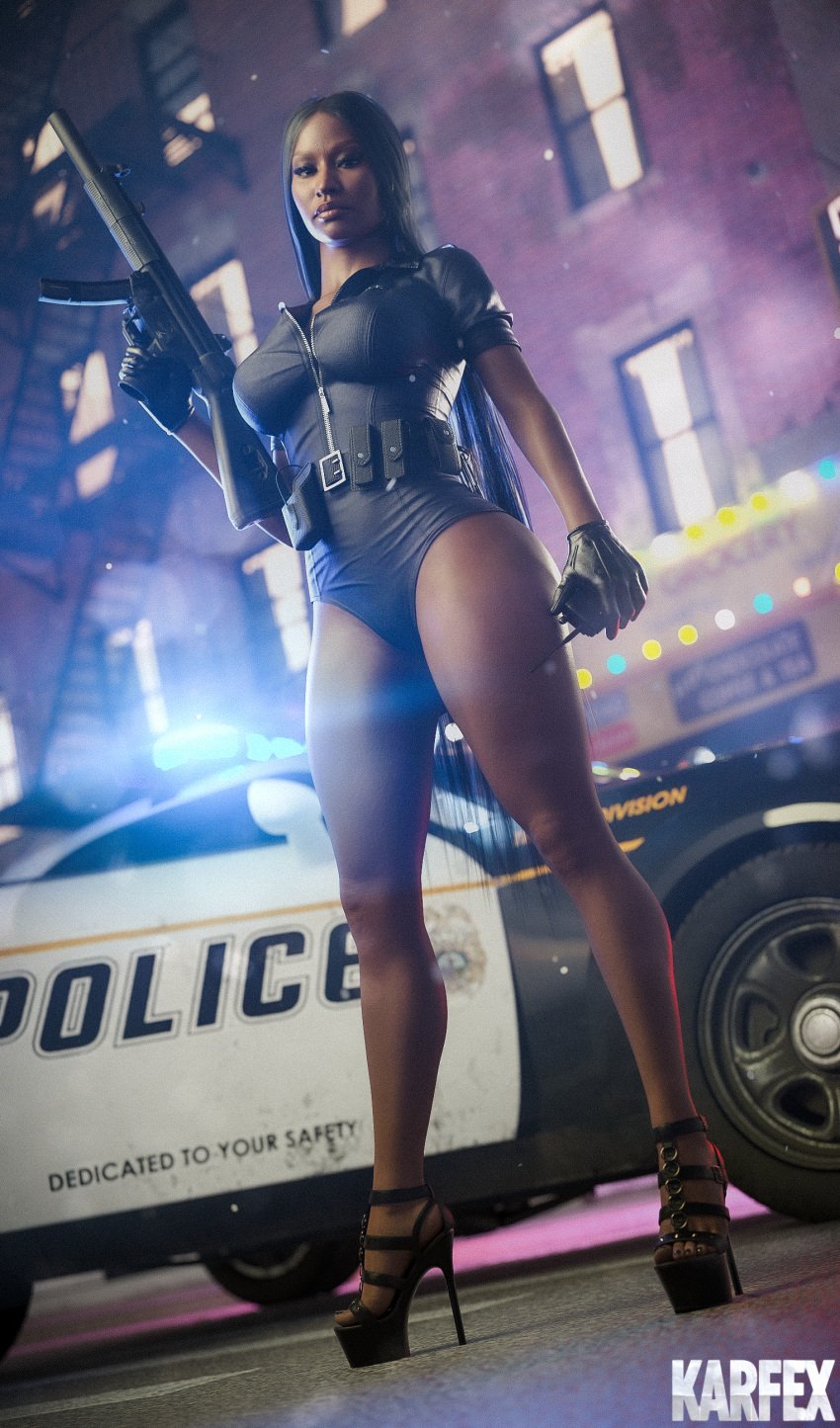 1girls 3d black_hair brown_skin brown_skinned_female call_of_duty celebrity dark-skinned_female dark_skin female female_only gun high_heels karfex nicki_minaj police_car real_person solo weapon