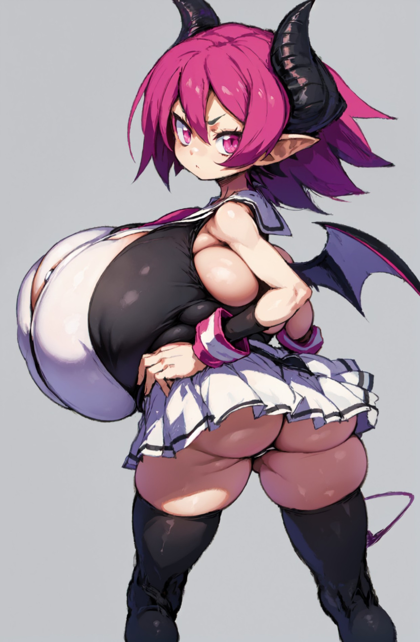 ai_generated ass big_ass big_breasts breasts disgaea disgaea_3 gigantic_breasts hornymoron huge_ass huge_breasts large_ass large_breasts looking_at_viewer looking_back massive_breasts nippon_ichi_software pink_hair raspberyl short_hair short_stack shortstack