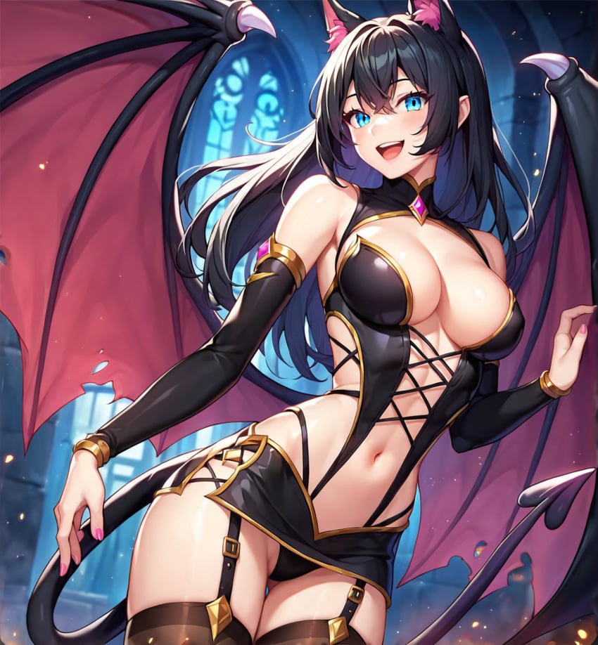 2d ai_generated athletic big_breasts black_hair blue_eyes bra breasts breasts breasts cat_ears cat_girl catgirl cleavage cosplay curvy_female excited female female_focus fit_female front_view girl huge_breasts humanoid long_socks mature_female mature_woman midriff neko nyan_ai nyanai outfit pale_skin pose sfw shiny_skin standing_female succubus succubus_costume succubus_tail succubus_wings thick_thighs thigh_highs white_skin