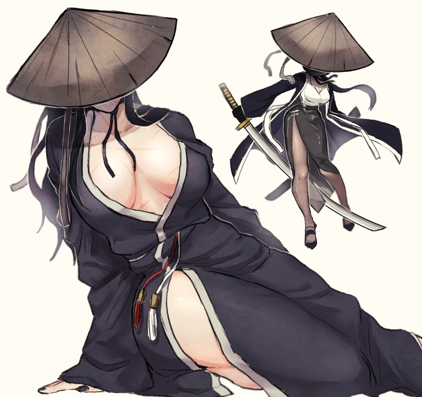 1girls bamboo-hatted_kim_(library_of_ruina) big_breasts black_hair cleavage clothing hat kimono limbus_company long_hair open_clothes painted_nails project_moon rule_63 scar sitting thighs