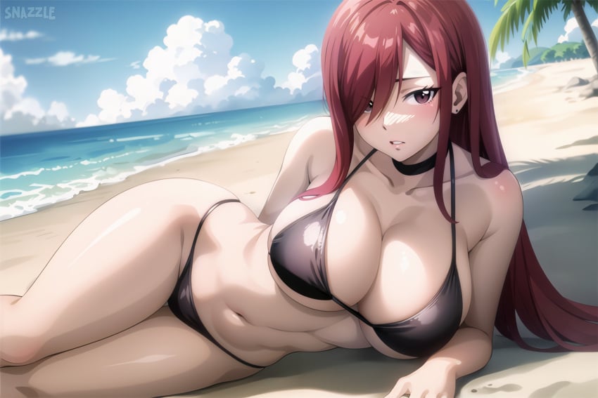 ai_generated bare_arms bare_shoulders beach big_breasts bikini black_bikini breasts cleavage collarbone curvy day earrings erza_scarlet fairy_tail hair_over_one_eye large_breasts long long_hair looking_at_viewer lying midriff navel outdoors red_hair sand sky snazzdaz snazzle stable_diffusion thick_thighs watermark