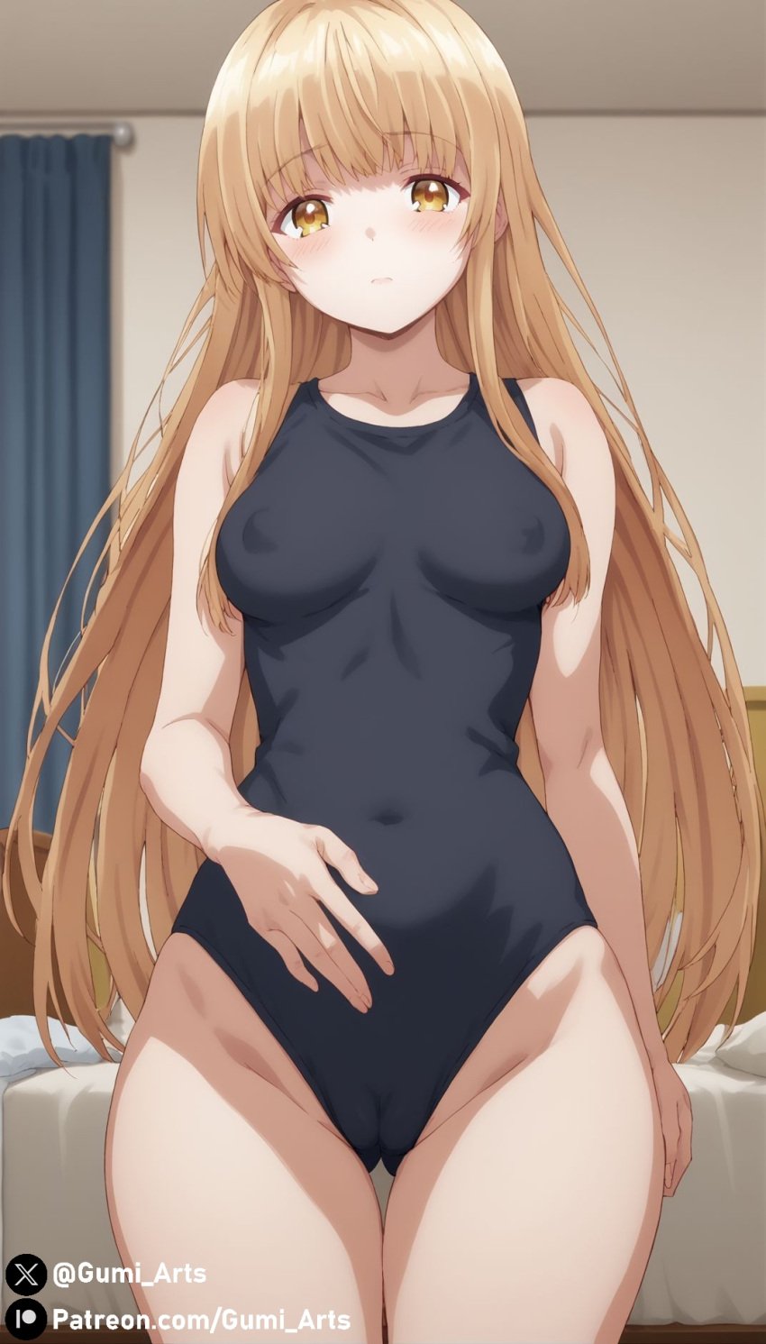 1girls ai_generated bed bedroom blonde_hair blush covered_nipples covered_pussy gumi_arts indoors long_hair looking_at_viewer medium_breasts otonari_no_tenshi-sama_ni_itsu_no_mani_ka_dame_ningen_ni_sarete_ita_ken shiina_mahiru shy solo stable_diffusion standing swimsuit thick_thighs thigh_gap yellow_eyes