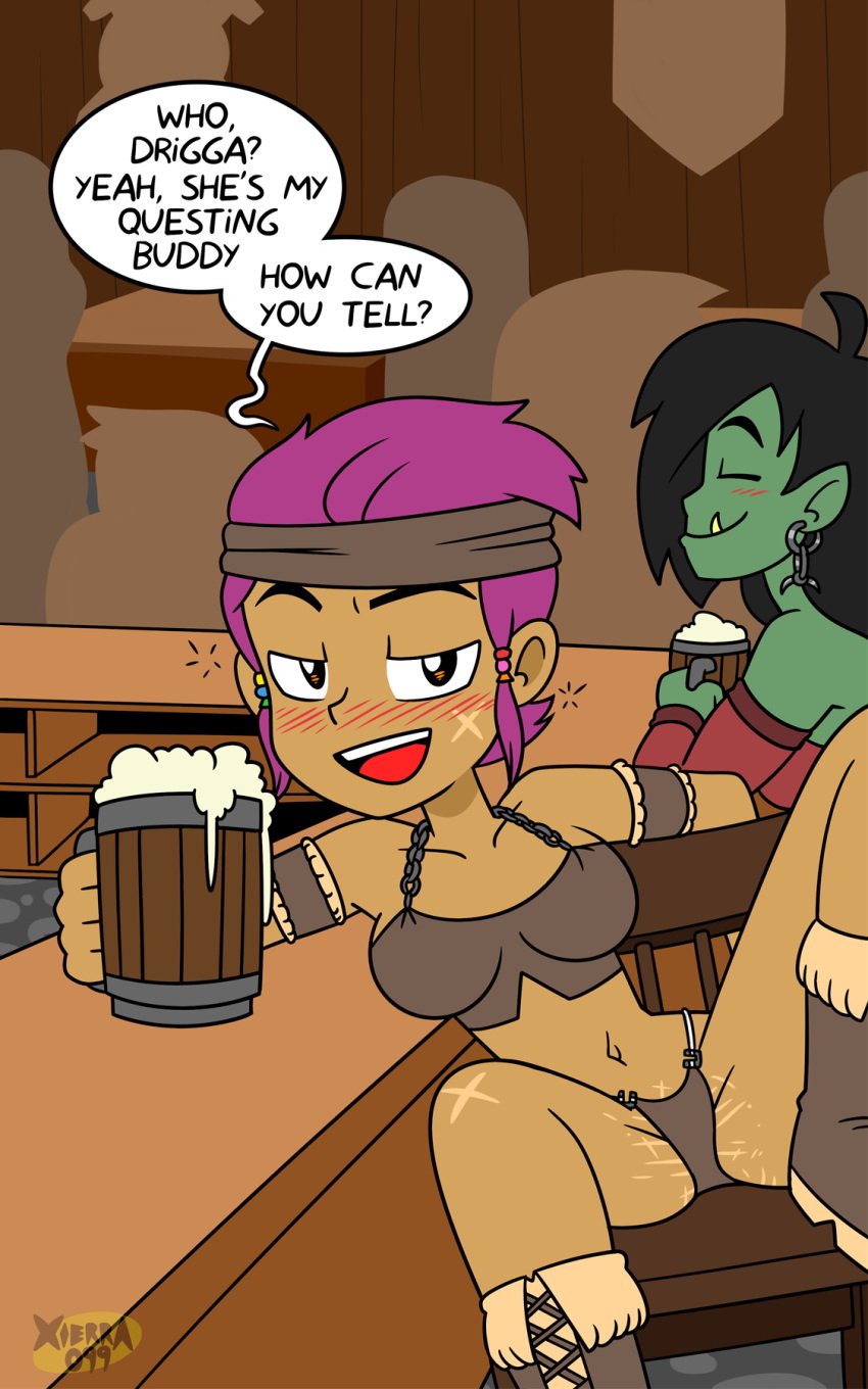 2d 2d_(artwork) 2d_artwork 2girls alcohol alcoholic_drink arm_bands armband armbands artist_name bar beer beer_mug belly_button big_ass big_breasts bikini bikini_bottom bikini_top black_eyebrows black_hair blush blush_lines blushing boots breasts_apart brown_eyes brown_skin clothed clothed_female clothing collarbone color colored dark-skinned_female dnd drigga drunk dungeons_and_dragons earrings eyes_closed fangs fangs_out female female_focus female_only foam fur_boots green_body green_skin hair_beads headband hickey hickey_marks hickies human human_female indoors large_breasts legs_apart legs_open long_hair long_sleeves looking_at_viewer mouth_open mug multiple_girls narrow_waist navel no_nude open_mouth orc orc_female pointy_ears presenting_crotch purple_hair scar scar_on_face scars scars_on_legs scars_on_thighs scratches short_hair silhouette_background silhouettes small_waist speech_bubble spread_legs talking_to_viewer tan-skinned_female tavern text_bubble thick_eyebrows thick_thighs thin_waist tiny_waist tongue tusks wide_hips xierra099