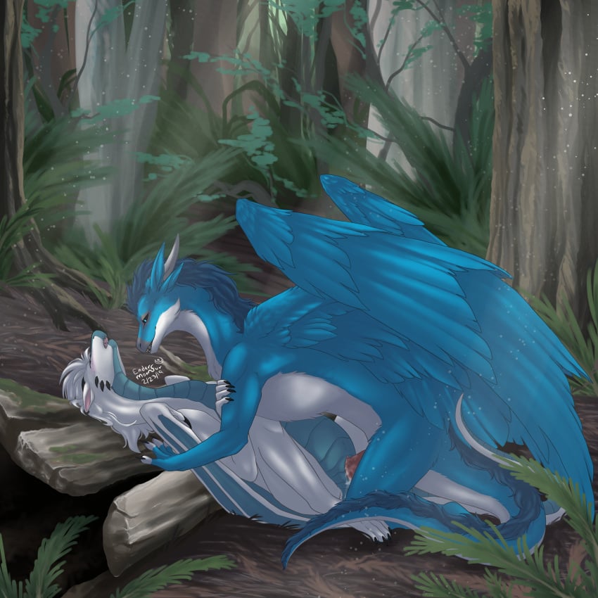 1:1 2019 absurd_res against_natural_surface against_surface artist_name bent_leg black_claws black_horn black_sclera blue_body blue_countershading blue_eyes blue_feathers blue_mane blue_membrane bodily_fluids cheek_horn claws closed_eyes countershade_neck countershade_tail countershade_torso countershading cum cum_from_pussy cum_in_pussy cum_inside dated detailed_background digital_media_(artwork) dragon duo endermoonfur erection european_mythology eye_markings facial_markings feathered_wings feathers female female_feral female_on_bottom female_penetrated feral feral_on_feral feral_penetrated feral_penetrating feral_penetrating_feral fingerless_(marking) folded_wings forest from_front_position fur genital_fluids head_horn head_markings hi_res horn kealyth looking_at_another looking_at_partner lying male male/female male_feral male_on_top male_penetrating male_penetrating_female mane markings membrane_(anatomy) membranous_wings missionary_position multi_ear mystical_stratus mythological_creature mythological_scalie mythology on_back on_bottom on_top open_mouth outside outside_sex penetration penile penile_penetration penis_in_pussy plant pregnant pregnant_female pregnant_feral pregnant_sex reverse_countershading scalie sex tail tail_mane teeth_showing text toe_claws tree vaginal_penetration vaginal_penetration western_dragon white_body white_countershading white_fur white_mane wing_claws wings