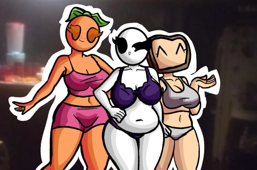 3girls alternate_version_available background bald bald_female belly belly_button big_breasts black_eyes bra bread breasts chetoh chubby chubby_female claire_(chetoh) cleavage egg female female_focus female_only food food_creature height_difference leaf leaf_hair looking_at_viewer multiple_girls no_mouth oc orange orange_skin original original_character original_characters panties photo_background pink_bottomwear pink_top purple_bra purple_panties smile smiling tan_skin white_body white_bra white_panties