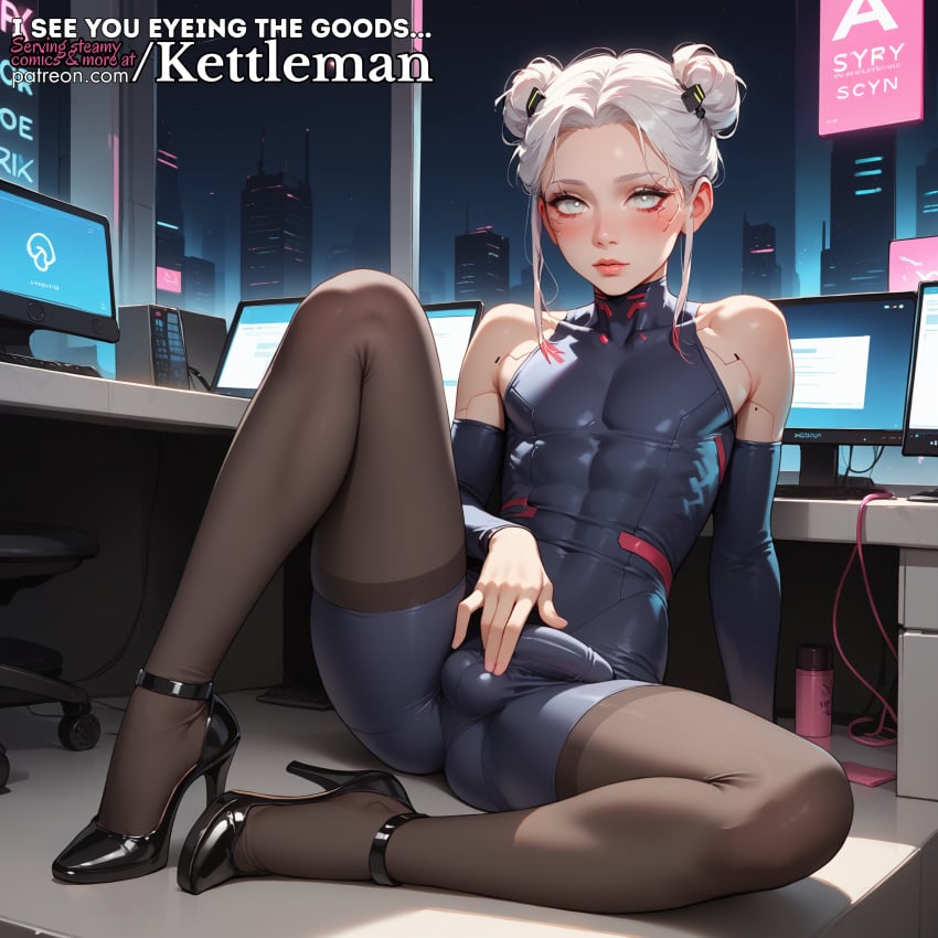 ai_generated blush boner bulge computer cybernetics cyberpunk cyborg embarrassed erect_penis erection erection_under_clothes erection_under_clothing femboy feminine feminine_male high_heels horny kettleman latex latex_clothing male male_only office penis_bulge secretary shy sissy sitting skin_tight slender_waist slim_waist touching_self trap twink white_hair