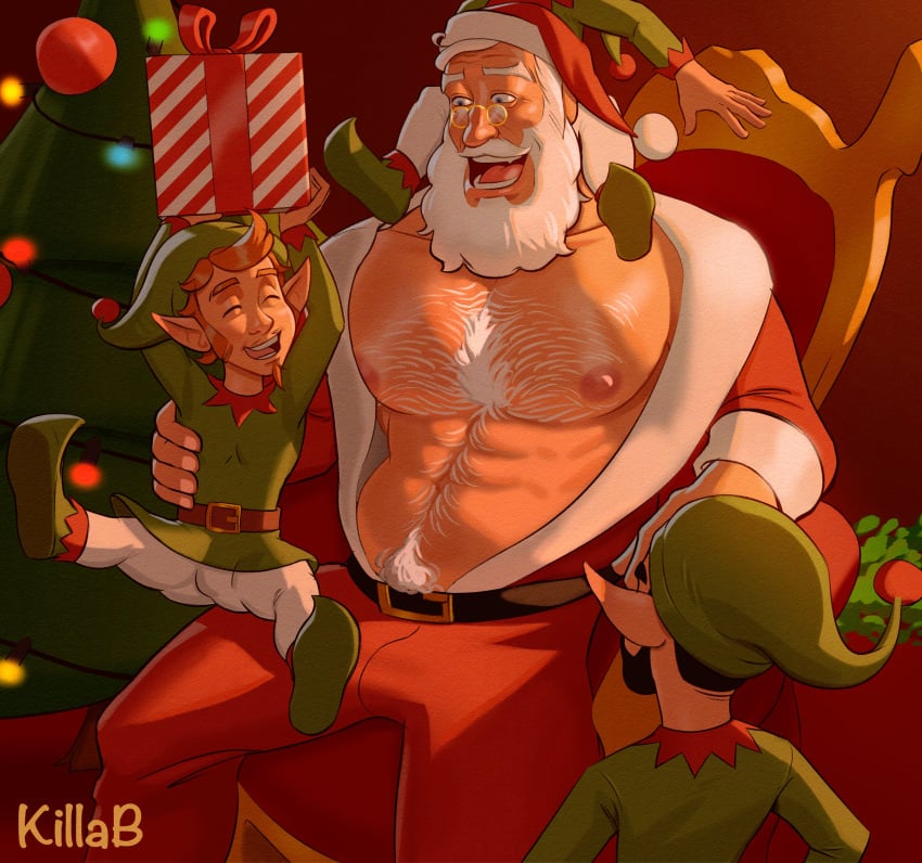 3boys brown_hair christmas clothed color colored elf elf-san_wa_yaserarenai elf_ears gay gay_male gay_sex hir killabkiller male male_focus male_only muscular muscular_male present santa_claus white_hair yaoi