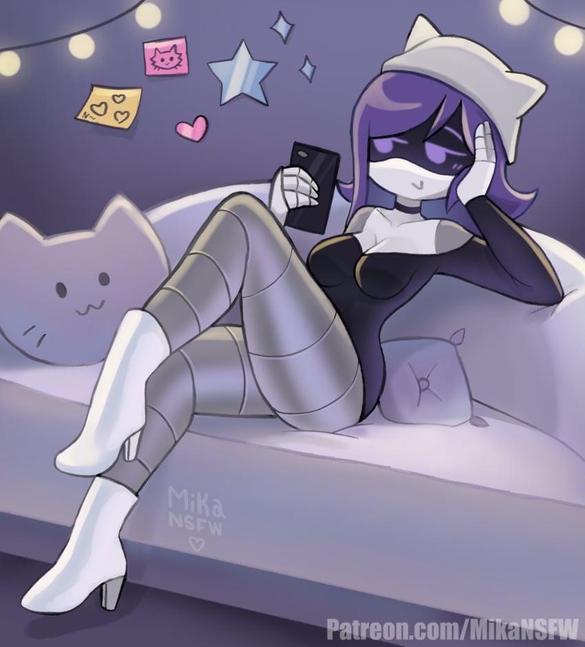 1girls artist_name artist_signature blush blushing_female breasts cat_pillow clothing couch curvaceous curvy curvy_body curvy_female curvy_figure decoration female female_only glitch_productions hat high_heels i_call_it_a_rug legs lights mikansfw murder_drones nori_(murder_drones) phone pillow purple_eyes purple_hair rhymes_with_grug robot robot_girl robot_humanoid sitting_on_couch solo solo_female thick_thighs thighs tight_clothing white_high_heels