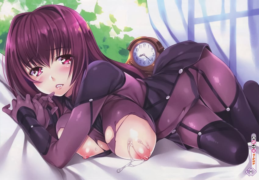 bed between_breasts blush bodysuit breasts breasts_out clock covered_navel cum cum_on_body cum_on_breasts cum_on_upper_body curtains day erect_nipples fate/grand_order fate_(series) female garter_straps hair_intakes highres impossible_clothes indoors large_breasts long_hair looking_at_viewer mizuhara_yuu nipples on_bed page_3 page_number parted_lips pillow purple_bodysuit purple_eyes purple_hair rip@lip scan scathach_(fate) solo thighhighs torn_bodysuit torn_clothes tree