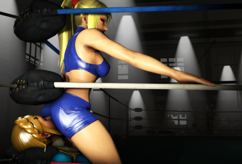 2girls 3d 3d_(artwork) ass big_ass big_butt blonde_hair blue_shorts blue_sports_bra breasts butt casual_outfit_(metroid) company_connection crossover cunnilingus_through_clothes duo facesitting female female_only fighting_ring ilymei light-skinned_female light_skin metroid nintendo ponytail princess_zelda samus_aran sfmporn shorts sideboob sidelocks sports_bra the_legend_of_zelda thick thick_hips thick_thighs thighs tied_hair wide_hips zelda_(breath_of_the_wild)