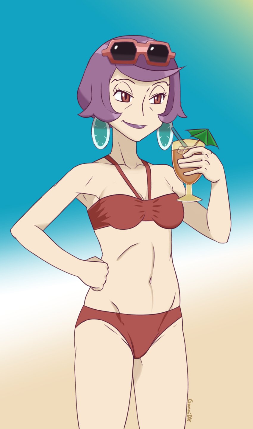 argenta_(pokemon) beach belly belly_button blue_sky brown_eyes cougar cropped cropped_legs earrings fruit_slice_earrings game_freak gilf gummidx legs_out_of_frame light-skinned_female light_skin midriff nintendo pokemon pokemon_dppt purple_hair purple_lipstick red_bikini red_bikini_bottom red_bikini_top sand shaded simple_background slim_waist sunglasses sunglasses_on_head sunlight