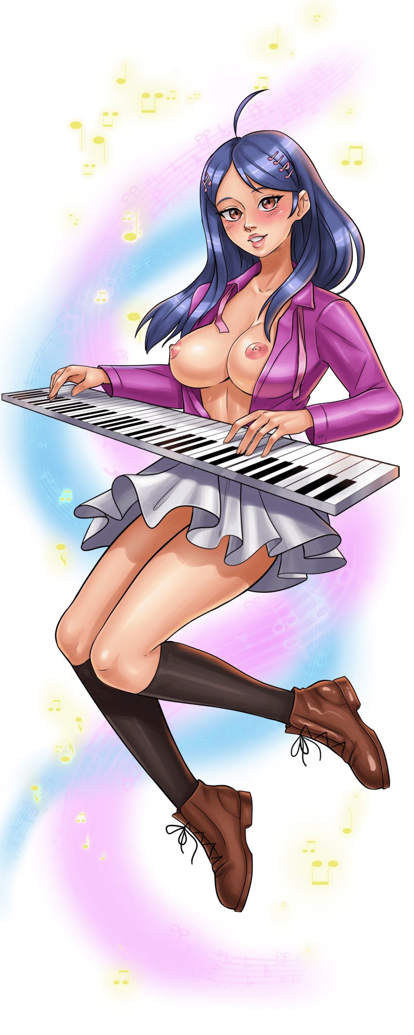 1girls ahoge akamatsu_kaede beamed_eighth_notes black_socks blue_hair blush boots breasts brown_footwear cg eighth_note female female_only full_body green_background hair_ornament hairclip hentai_heroes instrument jacket keyboard_(instrument) kinkoid kneehighs large_breasts long_hair looking_at_viewer miniskirt musical_note musical_note_hair_ornament nipples no_bra official_art open_clothes open_shirt parody piercing playing_instrument quarter_note red_eyes shirt skirt smile socks solo transparent_background white_skirt yuja_(hentai_heroes)