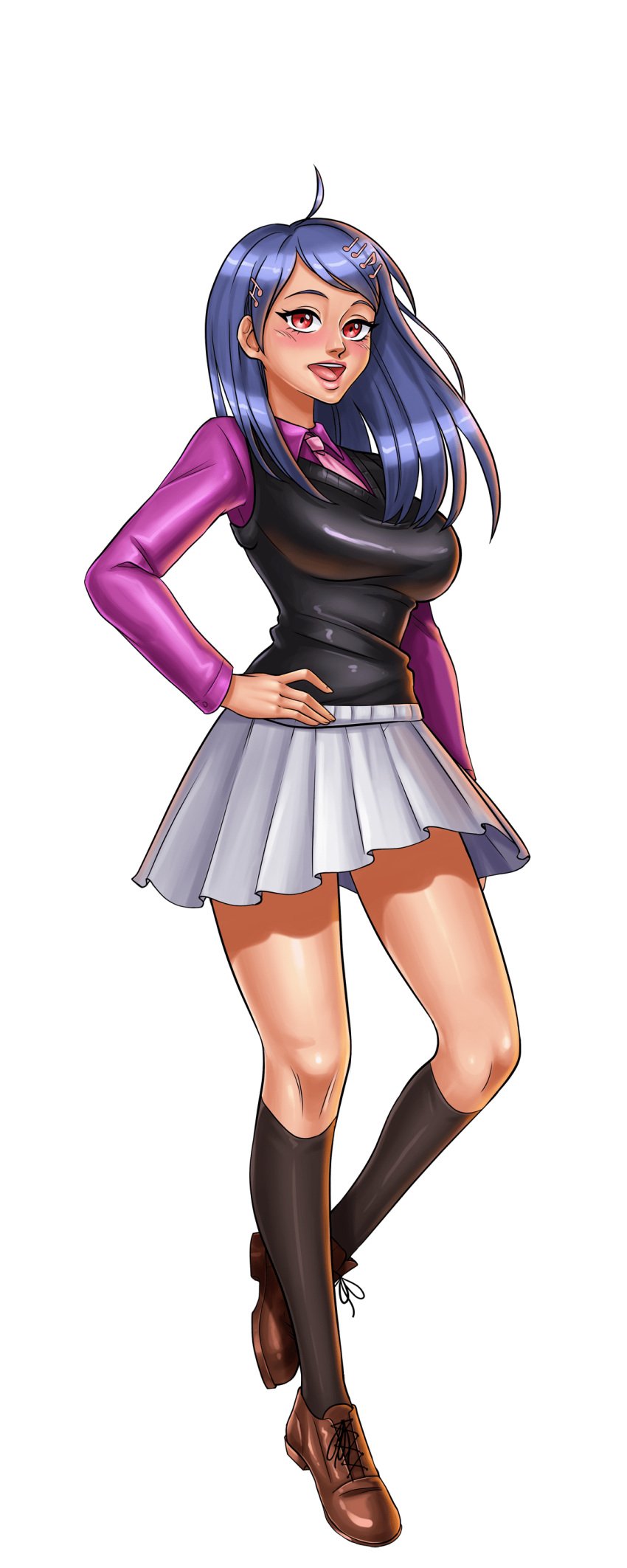 ahoge akamatsu_kaede black_socks blue_hair blush breasts brown_footwear cg collared_shirt female full_body green_background hair_ornament hairclip hand_on_own_hip hentai_heroes kinkoid kneehighs large_breasts lips long_hair long_sleeves looking_at_viewer medium_breasts miniskirt multicolored_hair necktie official_art open_mouth parody pleated_skirt purple_shirt red_eyes shirt shoes simple_background skirt smile socks solo standing transparent_background vest white_skirt yuja_(hentai_heroes)