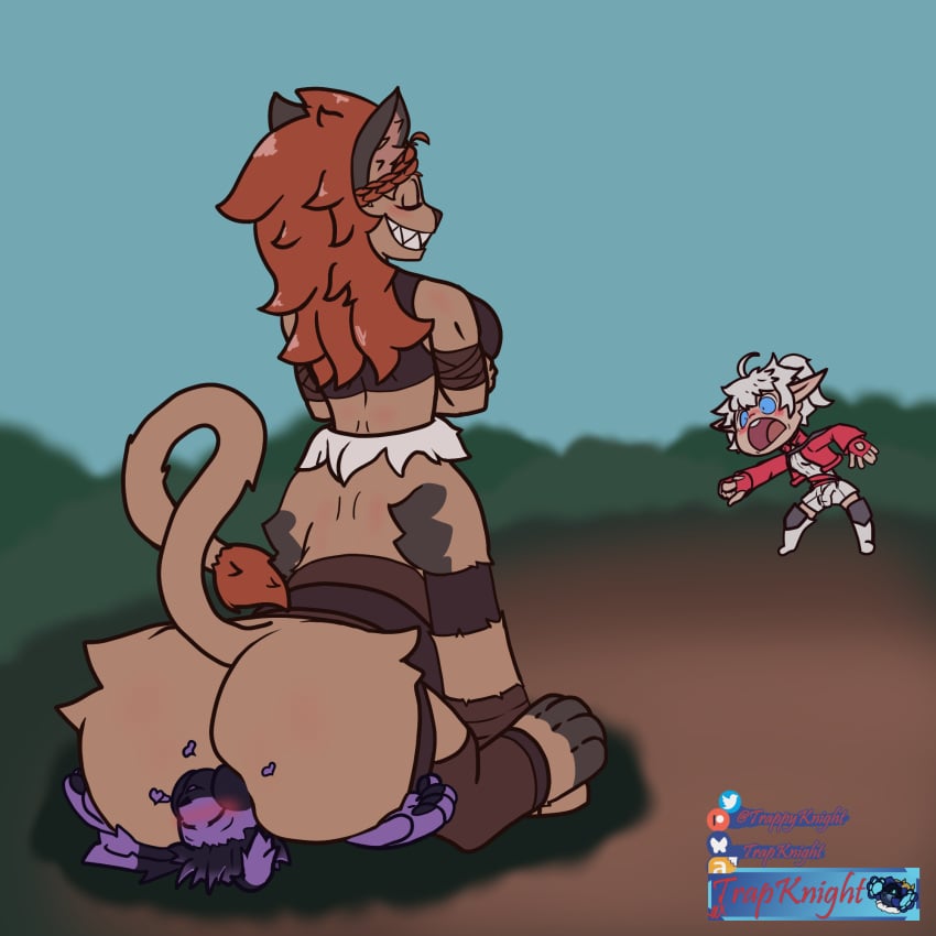 1:1 alisaie_leveilleur ass blush bulge clothed clothing elezen felid female final_fantasy final_fantasy_xiv final_fantasy_xiv:_a_realm_reborn hi_res hrothgar intersex lagomorph leporid male mammal paws rabbit sitting_on_another smug square_enix tagme taur trapknight wuk_lamat