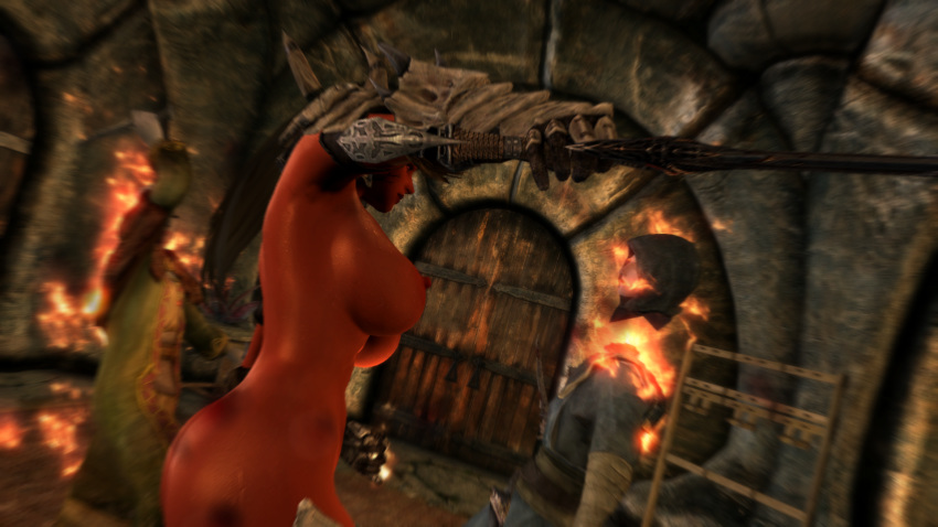 1boy ass bethesda_softworks breasts daedra demon_girl female fire game_screenshot highres huge_ass huge_breasts magic male skyrim sword the_elder_scrolls weapon