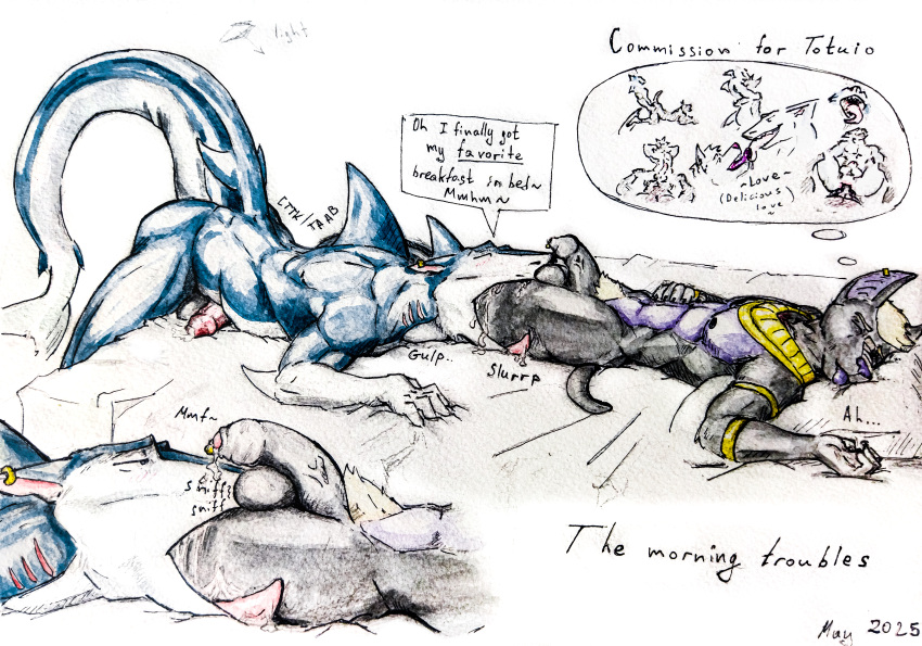 absurd_res anthro anxiousboar balls bodily_fluids canid canine cum dream duo fin fish flaccid genital_fluids genitals hi_res jewelry leaking_cum line_art male male/male mammal marine open_mouth oral_vore painting_(artwork) penis piercing saliva shaded shark sleeping speech_bubble swallowing tail traditional_media_(artwork) vore watercolor_(artwork)