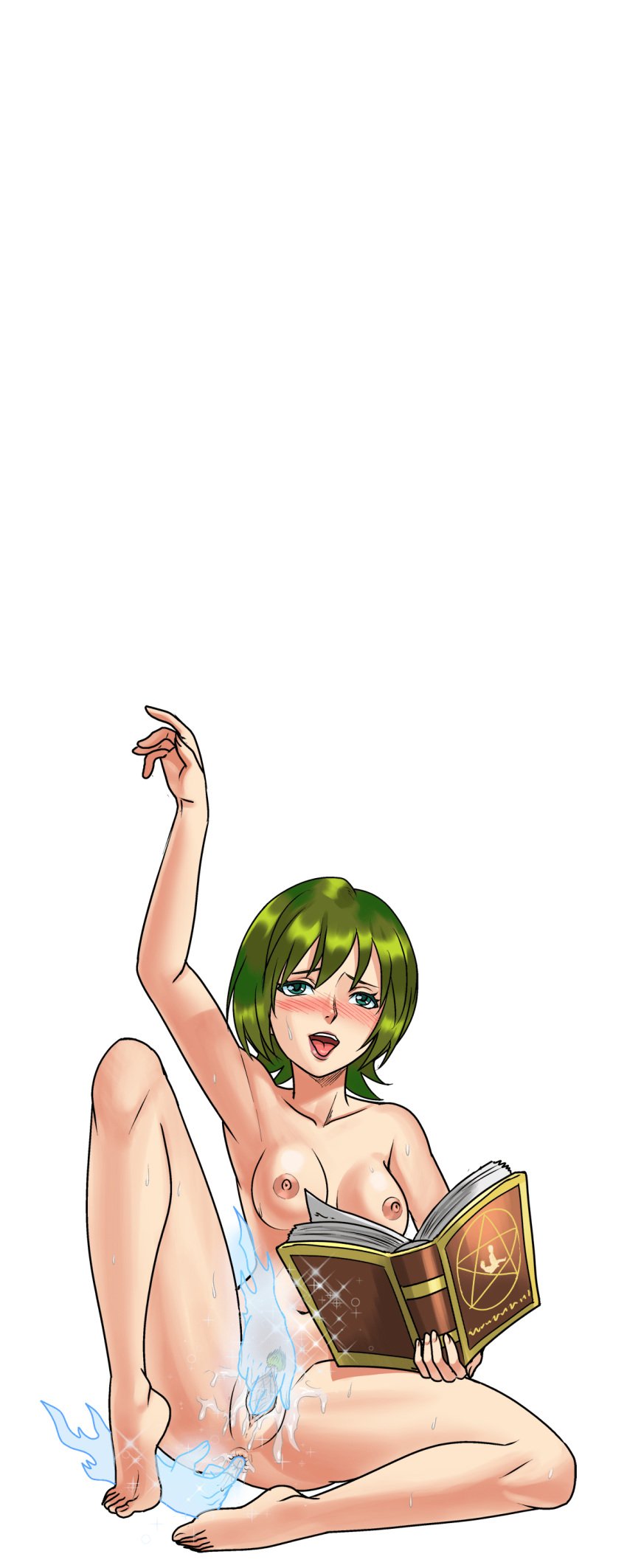 ankyo_(hentai_heroes) arm_up armpits barefoot blue_eyes blush book breasts cg collarbone completely_nude cum feet female female_pubic_hair full_body green_background green_eyes green_hair hentai_heroes holding holding_book kinkoid looking_at_viewer magic medium_breasts navel nipples nude official_art open_book open_mouth parody pubic_hair pussy pussy_juice reading rei_ayanami short_hair simple_background sitting small_breasts smile solo spread_legs sweat toes tongue tongue_out uncensored wizard_ankyo_(hentai_heroes)