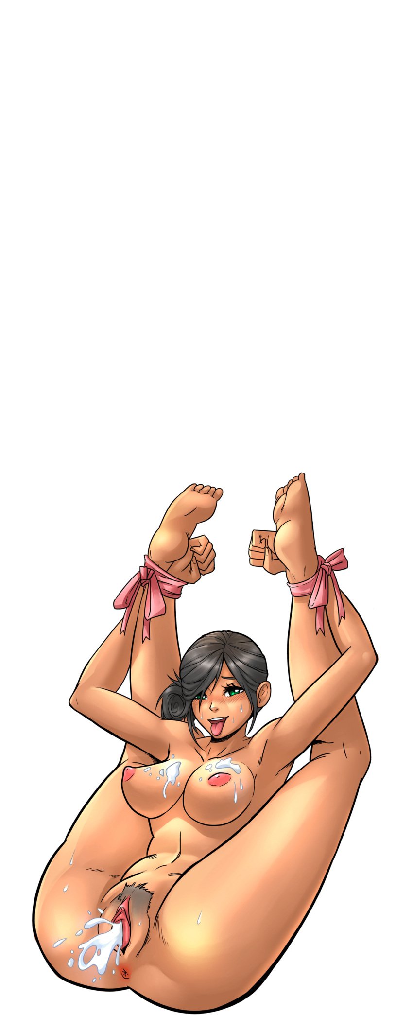 after_sex ahe_gao anus barefoot black_background black_hair blush bondage bondage bound bound_wrists breasts cg clitoris cum cum_in_pussy cum_on_body cum_on_breasts cumdrip dalila_(hentai_heroes) dark-skinned_female dark_skin feet female female_pubic_hair folded fucked_silly green_eyes hair_over_one_eye hentai_heroes kinkoid large_breasts legs_over_head legs_up long_hair lying makeup navel nipples nude official_art open_mouth parody pink_ribbon pubic_hair pussy pussy_juice ribbon_bondage simple_background smile solo spread_legs toes tongue tongue_out uncensored zafina_(tekken)