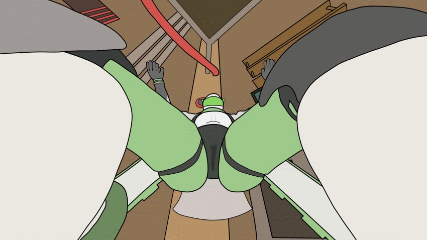 ambient_among_us ambient_crewmate_(among_us) background cameltoe cape detailed_background glider_(mycopunk) green_body green_skin hands_up masked masked_female mycopunk panties robot robot_girl robot_humanoid robot_joints robotic_arm thighs thong tubes underwear undunderboob wings