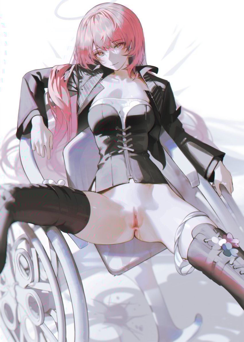 arknights ass black_corset black_jacket black_thighhighs breasts censored chair chinese_commentary closed_mouth commentary_request corset energy_wings female halo highres iumu jacket lemuen_(arknights) long_hair long_sleeves looking_at_viewer mosaic_censoring open_clothes open_jacket panties panties_around_one_leg pink_eyes pink_hair pussy pussy_juice shirt simple_background sitting smile solo thighhighs thighs underwear white_background white_halo white_panties white_shirt white_wings wings