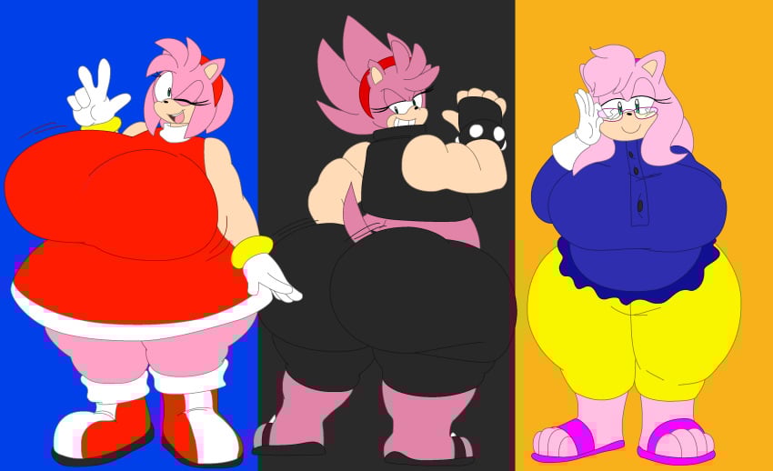 3girls amy_rose anthro anthro_only ass bangs bbw belly breasts cerberus_rose conjoined denizen1414 eyelashes fat female female_only furry glasses green_eyes huge_ass large_ass large_breasts long_hair muzzle obese overweight plain_background plump rosy_the_rascal_(archie) sega shy simple_background smile sonic_(series) spines thick_thighs triplets what wide_hips