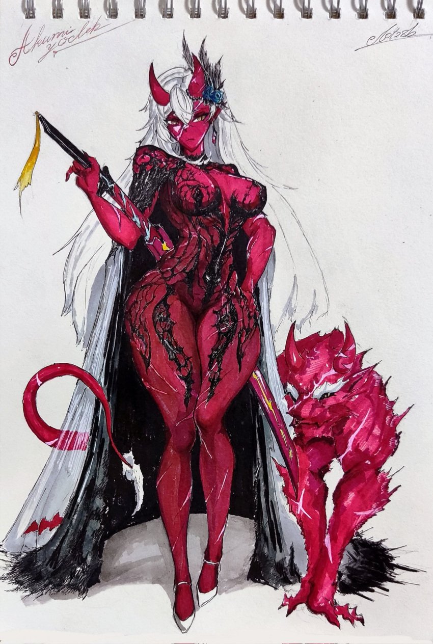 akumi artist_name black_skin blood breasts demon_girl female fingernails full_body high_heels holding horns jewelry large_breasts long_hair looking_at_viewer navel red_oni red_skin signature solo standing tail teeth traditional_art veins very_long_hair vyugen white_hair yellow_eyes