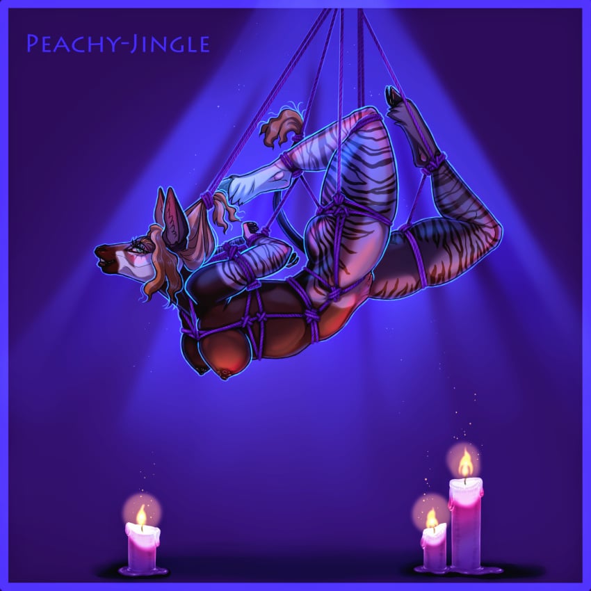 1:1 2025 anthro athletic bedroom_eyes black_mouth blue_tongue blush bondage bondage bound brown_body brown_fur candle candlelight cloven_hooves eyelashes eyeliner female fetlocks fur genevieve_lykelle genitals hair hi_res hooves inner_ear_fluff light looking_at_viewer makeup markings narrowed_eyes navel nipples peachy-jingle prehensile_tongue pubes purple_tongue pussy red_hair restraints rope rope_bondage rope_harness seductive side_view skylight solo striped_arms striped_body striped_fur striped_legs striped_markings stripes suspension suspension_bondage tail tail_tuft tongue tuft white_body white_fur