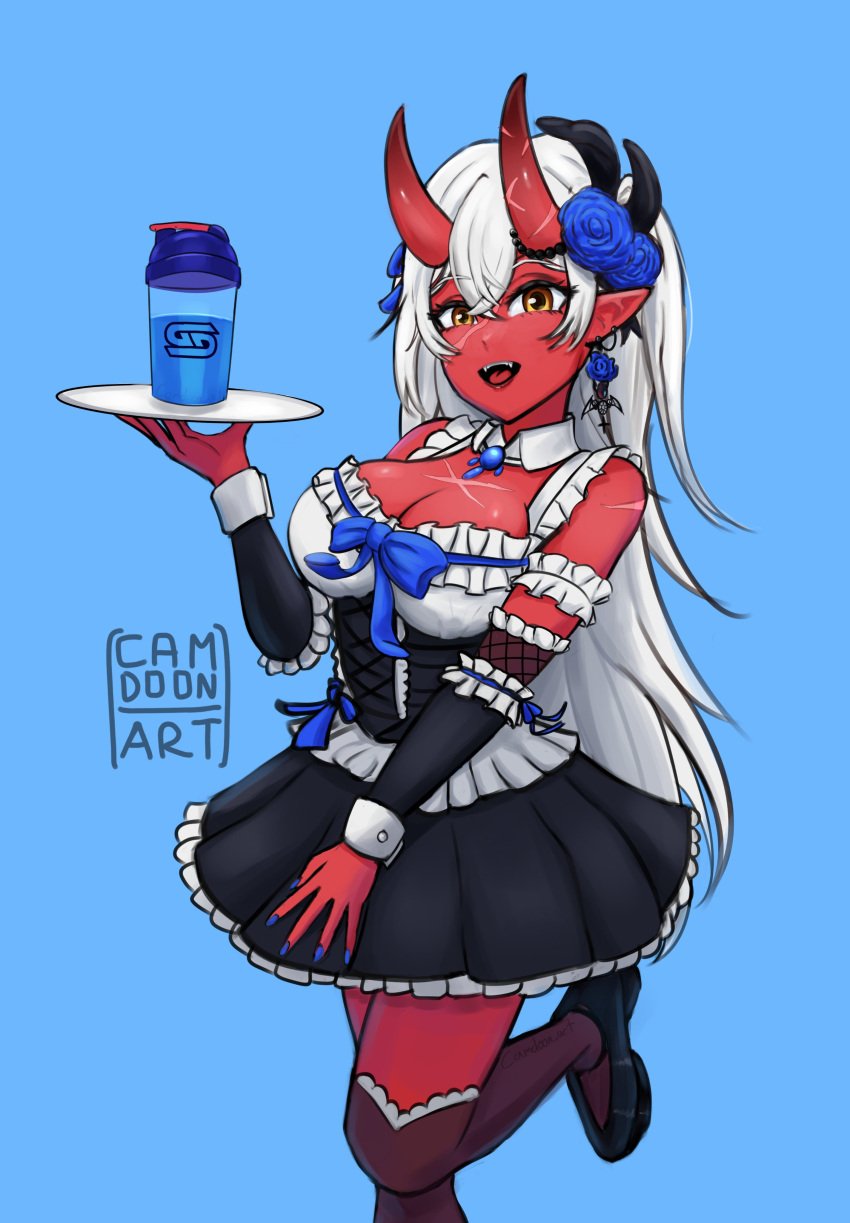 :d akumi artist_name bare_shoulders blue_background blush breasts choker cleavage cup demon_girl dress earrings elbow_gloves fangs female fingernails flower frills gloves hair_between_eyes hair_flower hair_ornament holding horns jewelry large_breasts long_hair long_sleeves looking_at_viewer medium_breasts oerba_yun_fang oni oni_horns open_mouth pointy_ears ponytail red_skin ribbon simple_background single_horn smile solo thighhighs tray vyugen white_hair
