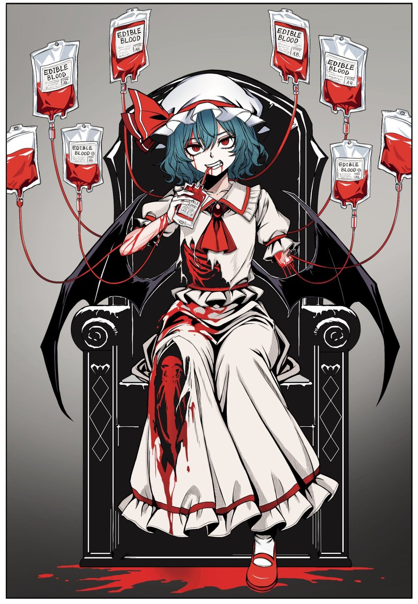 absurdres ascot bat_wings blood blood_bag blood_on_clothes blood_on_face blue_hair bone clenched_teeth collared_shirt commentary_request dress drinking_blood female frilled_dress frilled_shirt_collar frills guro hat hat_ribbon highres looking_at_viewer mary_janes mob_cap oerba_yun_fang on_chair red_ascot red_eyes red_ribbon red_shoes remilia_scarlet ribbon ryoan_(voyagehermitage) shirt shoes sitting solo teeth touhou white_dress wings