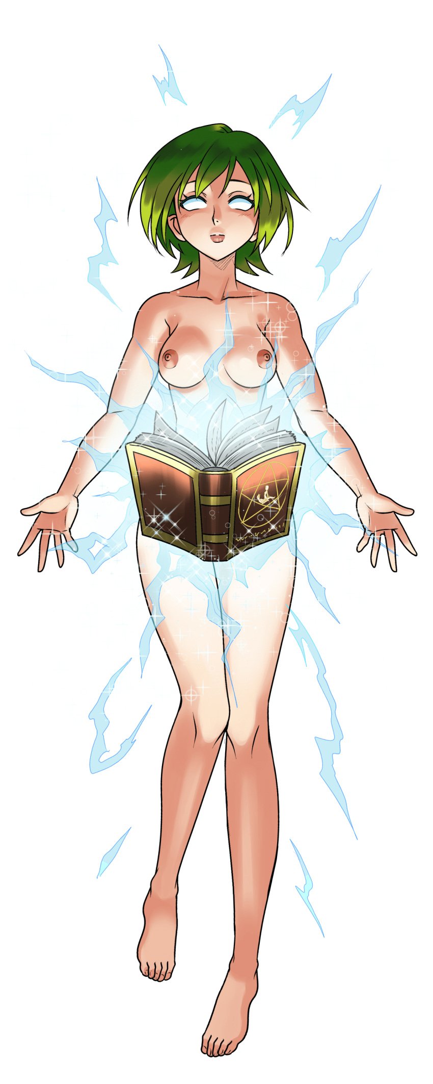 ahe_gao ankyo_(hentai_heroes) barefoot blush book breasts cg collarbone completely_nude electricity female floating floating_book floating_object full_body glowing green_background green_hair hentai_heroes kinkoid knees_together_feet_apart magic medium_breasts nipples no_pupils nude official_art open_book open_mouth parody psychic pussy rei_ayanami short_hair simple_background small_breasts solo sparkle standing telekinesis toes tongue tongue_oute wizard_ankyo_(hentai_heroes)
