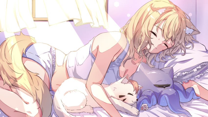 animal_ears bangs bare_legs bare_shoulders barefoot bed bed_sheet blonde_hair breasts camisole cleavage closed_eyes closed_mouth collarbone curtains eyebrows_visible_through_hair feline female indoors long_hair lying midriff on_side panties pillow sleeping solo squchan_(vtuber) tail tank_top underwear vyugen window