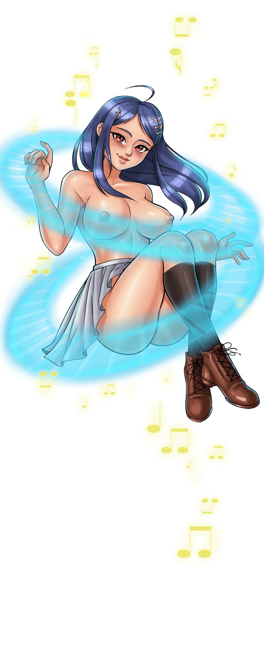 ahoge akamatsu_kaede blue_hair boots breasts brown_footwear cg convenient_censoring female full_body green_background hair_ornament hairclip hentai_heroes kinkoid kneehighs large_breasts lips long_hair looking_at_viewer nipples nude official_art parody pleated_skirt red_eyes see-through skirt smile socks solo topless transparent_background yuja_(hentai_heroes)