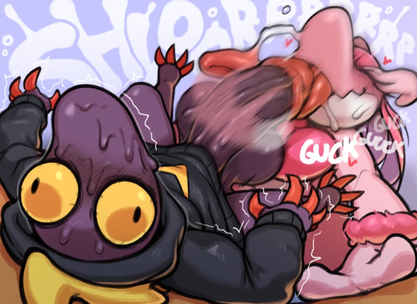 anthro balls big_balls big_penis black_eyes blush closed_eyes clothing duo english_text fellatio female genitals heart_symbol hi_res hoodie leezpunk lovander male male/female onomatopoeia oral pal_(species) palworld penile penis pink_body pocketpair purple_body sex sound_effects text topwear wide_eyed xingscourge yellow_sclera