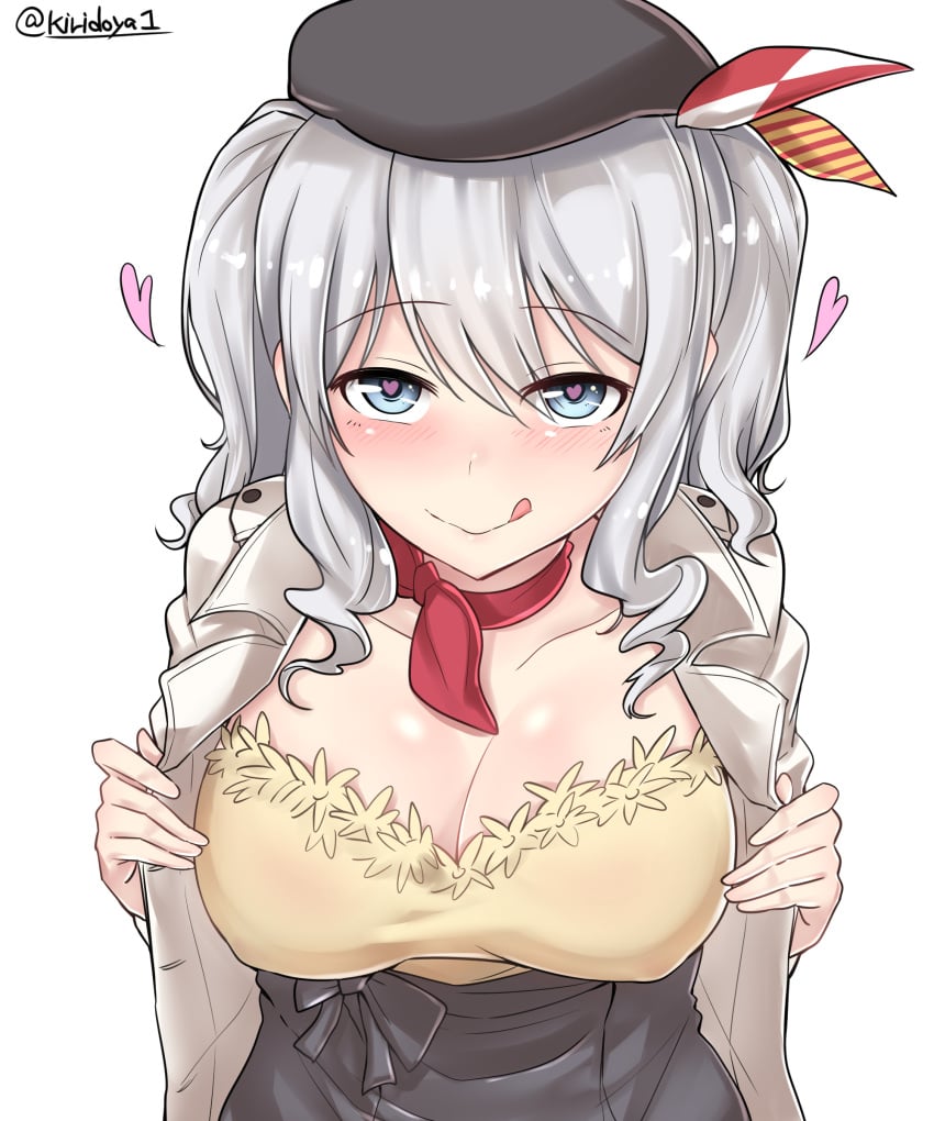 1girls :q absurdres alternate_costume beret black_hat blue_eyes blush breasts cleavage collar collarbone commentary_request covered_nipples female from_above grey_hair grey_jacket grey_skirt hat heart heart-shaped_pupils highres jacket kantai_collection kashima_(kancolle) kashima_(mitsukoshi)_(kancolle) kiritto long_hair looking_at_viewer medium_breasts open_clothes open_jacket red_collar shirt simple_background skirt smile solo symbol-shaped_pupils tongue tongue_out twintails twitter_username upper_body white_background yellow_shirt