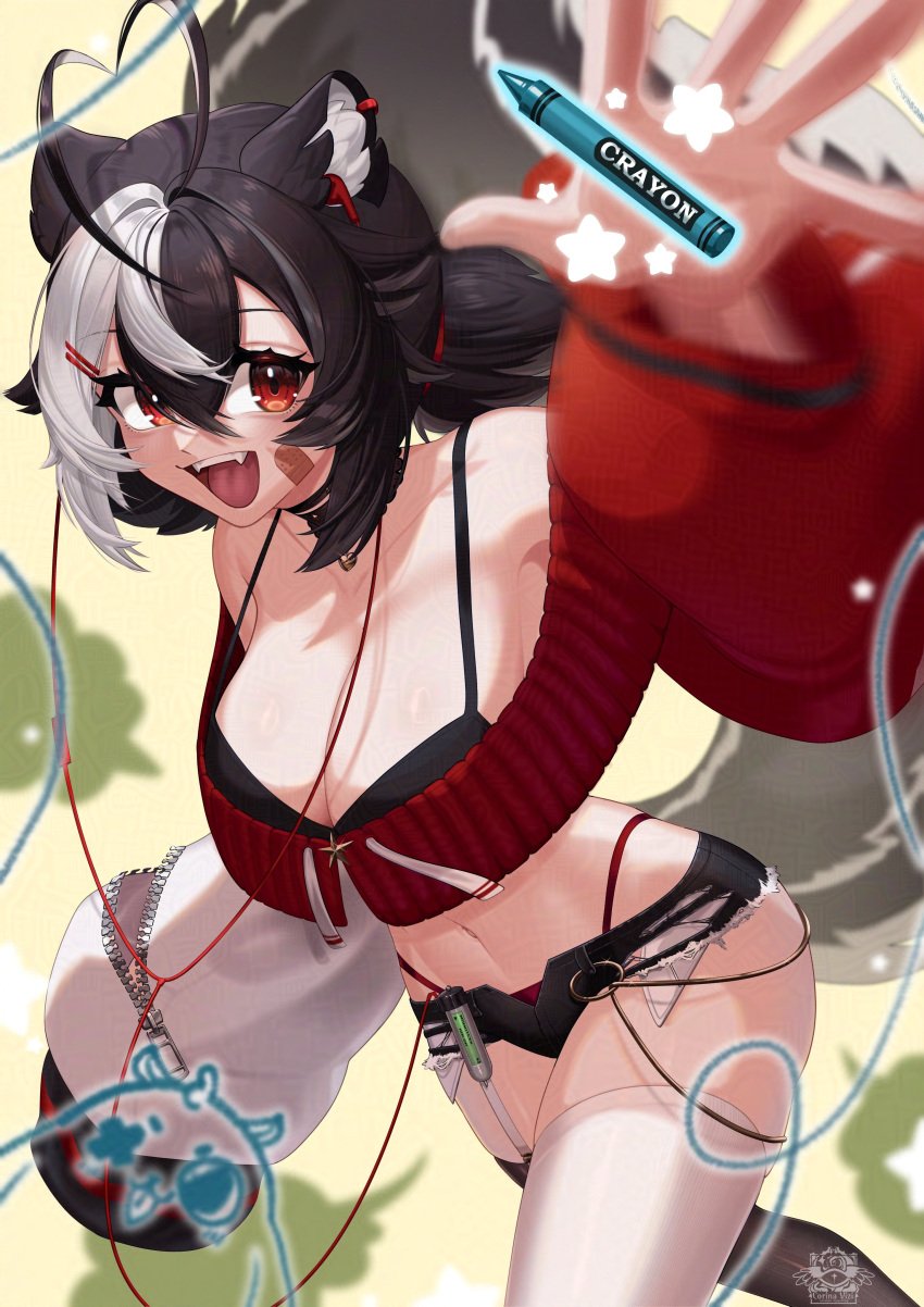 2020 :d animal_ears antenna_hair bare_shoulders black_hair black_shorts blurry blurry_background breasts cleavage crop_top cutoffs depth_of_field fangs female hair_ornament highleg highleg_panties large_breasts long_hair looking_at_viewer micro_shorts midriff momotexx_(vtuber) multicolored_hair navel oerba_yun_fang open_fly open_mouth outdoors panties red_eyes short_hair short_shorts shorts smile solo standing tail thighhighs thighs vyugen white_legwear