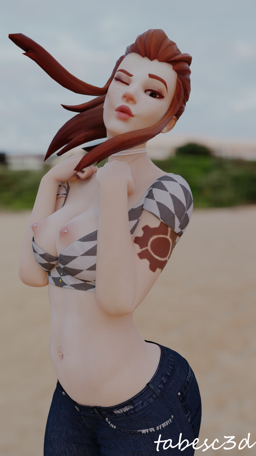 3d belly_piercing blowing_kiss breast_squeeze breasts brigitte crop_top exposed_breasts jeans lips nipples overwatch partially_clothed pierced_nipples piercing tabesc3d tattoo wink