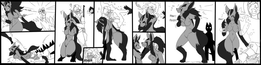 2013 4:1 anthro assimilation biped black_border black_hair black_inner_ear black_markings border bottomwear breasts clenched_teeth clothed clothing comic dart duo_focus english_text falling female female_anthro fully_clothed gender_transformation generation_3_pokemon genitals gloves_(marking) grass grey_body group gun hair hi_res human leg_markings long_image male male_human mammal markings mightyena mind_control monochrome mtf_transformation mxl navel nintendo nipples nude outside plant pokemon pokemon_(species) pussy ranged_weapon simple_background smile socks_(marking) species_transformation standing suit_transformation tail teeth text topwear transformation transformation_sequence trapped_in_clothing trio weapon wide_image