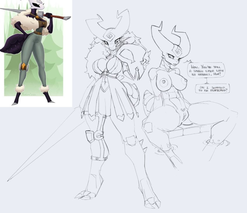 2022 2025 5_fingers anthro areola arthropod arthropod_abdomen artist_name belt biped black_body black_exoskeleton black_eyes black_text boots border bottomwear breasts cleavage clothed clothing dated dialogue digital_media_(artwork) empty_eyes english_text exoskeleton eyelashes featureless_feet feet female fingers footwear fully_clothed fur_collar genitals halter_top holding_object holding_weapon hollow_knight horn insects jasper_(proxicute) legs_in_water medium_breasts midriff mouthless multiple_images nail_(weapon) nature nature_background nipples non-mammal_breasts nude pants proxicute pussy question_mark shoes simple_background sitting solo speech_bubble standing talking_to_viewer team_cherry text water weapon white_border white_horn