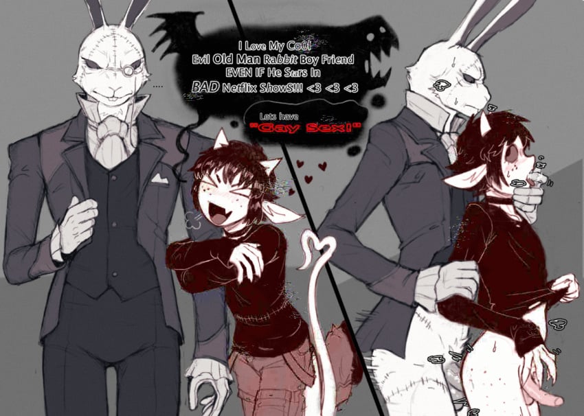 2025 age_difference anal anal_sex anthro arm_grab arm_hug black_tie_(suit) bodily_fluids bovid canon_x_oc capcom caprine caprine_demon choker clothing compression_artifacts cute_fangs demon devil_may_cry dialogue don_(dondon) dondon duo ellipsis english_text eyewear fangs femboy finger_in_mouth from_behind_position genitals gesture goat_demon goat_demon_humanoid heart_symbol horn horned_humanoid hug humanoid humanoid_genitalia humanoid_penis intentional_compression jewelry lagomorph leporid male male/male male_penetrated male_penetrating male_penetrating_male mammal mature_anthro mature_male monocle necklace penetration penis rabbit sex standing standing_sex suit surgical_suture sweat tail tail_gesture tail_heart teeth text white_rabbit_(dmc)