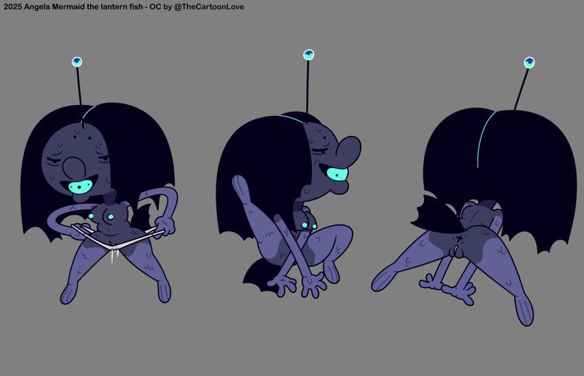 absurd_res angela_mermaid_the_lantern_fish(the_cartoon_love) anglerfish anus ass black_hair blue_body blue_skin character_name digital_drawing_(artwork) digital_media_(artwork) english_text eyewear female fish genitals glasses hair hi_res humanoid long_hair mammal marine model_sheet nerd nipples nude nude_female pussy scales smile solo tail text the_cartoon_love