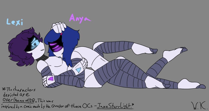 aged_up anya_(md_my_immortal) barefoot blue_hair blush breasts closed_eyes digital_drawing_(artwork) fan_character female female_only fluffy_hair full_body glitch_productions glowing_blush glowing_eyes hairclip hand_on_arm hand_on_head jazzstarrlight legal_age legs lesbian_sex lexi_(md_my_immortal) md_my_immortal murder_drones name_tag not_ai_generated nsfw nude nude_female purple_hair robot robot_girl robot_humanoid side_view smile sucking_nipple witherking worker_drone yuri
