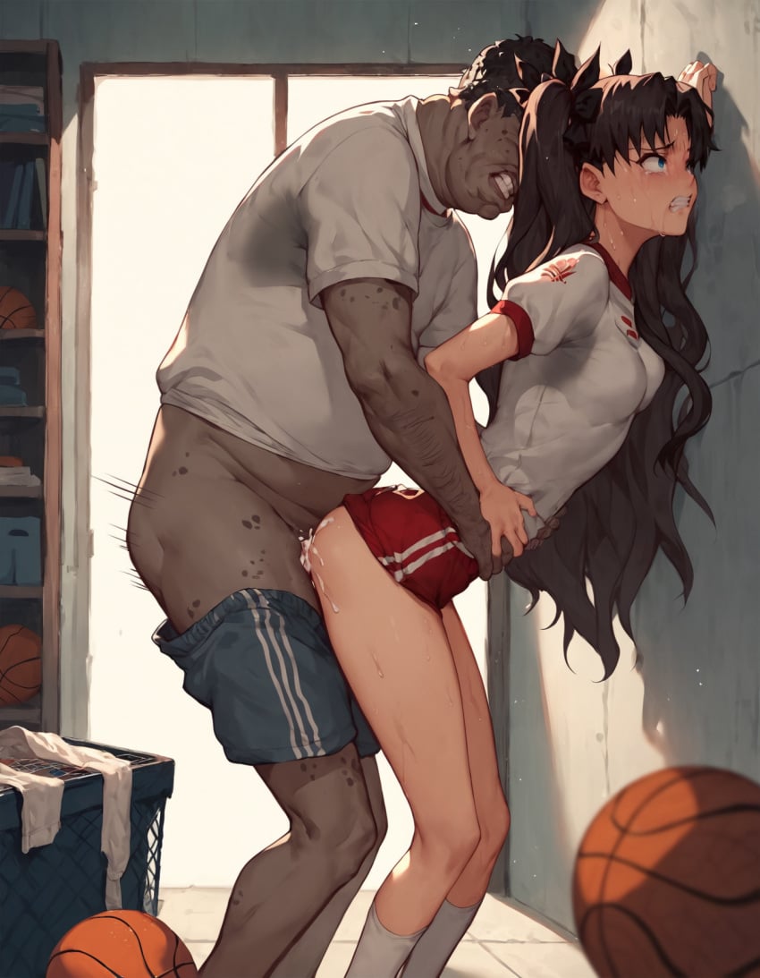 1boy 1girls against_wall age_difference ai_generated cheating cheating_girlfriend clenched_teeth clothed_sex creampie crying crying_with_eyes_open cum_in_pussy doggy_style fat_male fat_man fate/stay_night fate_(series) female gym_storeroom gym_uniform helpless long_hair male motion_lines raped rtxfus rtxfus34 shirt shorts shorts_aside shorts_down standing standing_sex stealth_sex storage_room sweat sweatdrop sweating teacher teacher_and_student tohsaka_rin torso_grab ugly_bastard young younger_female