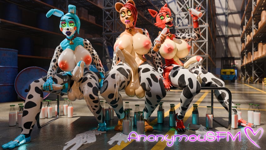 16:9 3d_(artwork) 4k absurd_res animal_print animal_print_thigh_highs animatronic anonymousfm anthro areola balls bear big_balls big_breasts big_penis blush blush_stickers bodily_fluids breasts canid canine clothing collar cow_print cow_print_thigh_highs cowbell cum digital_media_(artwork) erection five_nights_at_freddy's five_nights_at_freddy's_2 fox foxy_(fnaf) freddy_(fnaf) futanari genital_fluids genitals glowing glowing_eyes green_eyes group gynomorph hi_res intersex lagomorph legwear leporid machine mammal nipples open_mouth pattern_clothing pattern_legwear pattern_thigh_highs penis rabbit robot scottgames thigh_highs toy_bonnie_(fnaf) trio widescreen yellow_eyes