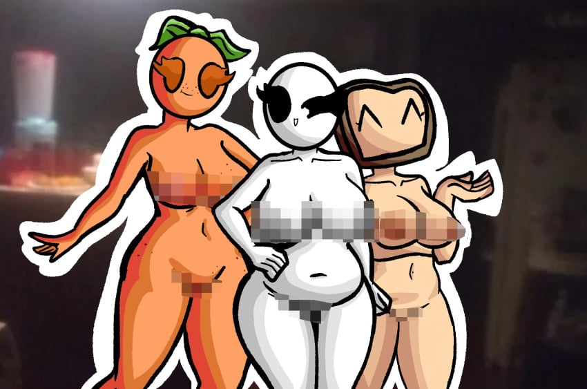 3girls alternate_version_available background bald bald_female belly belly_button big_breasts black_eyes bread breasts censored censored_nipples censored_pussy chetoh chubby chubby_female claire_(chetoh) cleavage completely_nude completely_nude_female egg female female_focus female_only food food_creature height_difference leaf leaf_hair looking_at_viewer multiple_girls naked naked_female no_mouth nude nude_female oc orange orange_skin original original_character original_characters photo_background pixelated smile smiling smiling_at_viewer tan_skin white_body