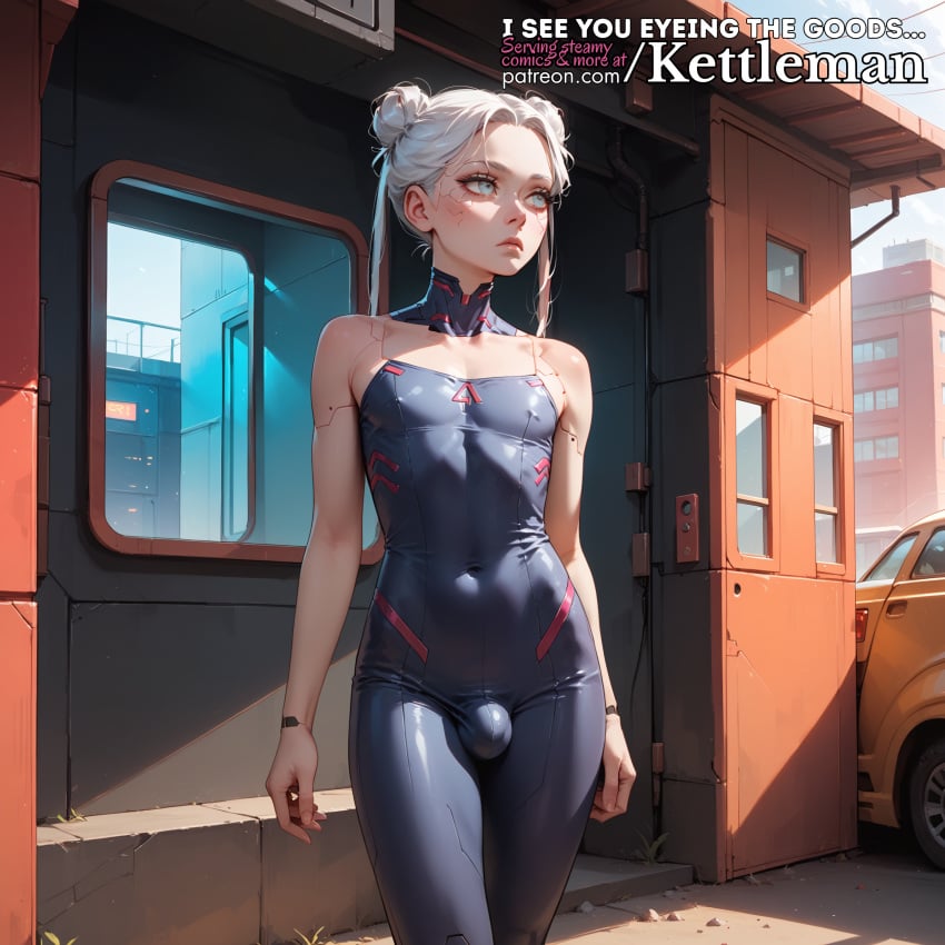 ai_generated bulge cybernetics cyberpunk cyborg femboy feminine feminine_male kettleman latex latex_clothing penis_bulge sissy skin_tight slender_waist slim_waist standing trap twink white_hair