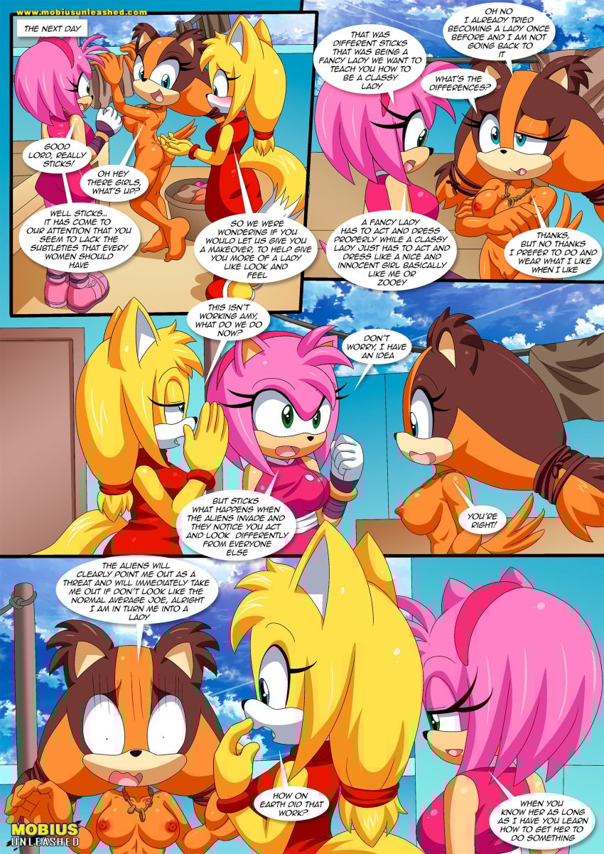 3girls amy_rose anthro ass barefoot bbmbbf blush breasts comic dialogue feet female female_only mobian_(species) mobius_unleashed nipples nude palcomix pussy releasing_your_inner_wild_side_(comic) sega sonic_(series) sonic_boom sonic_the_hedgehog_(series) speech_bubble sticks_the_badger zooey_the_fox
