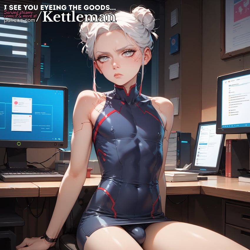 ai_generated annoyed bulge computer cybernetics cyberpunk cyborg dress femboy feminine feminine_male kettleman latex latex_clothing male_only office penis_bulge secretary sissy sitting skin_tight slender_waist slim_waist trap twink white_hair