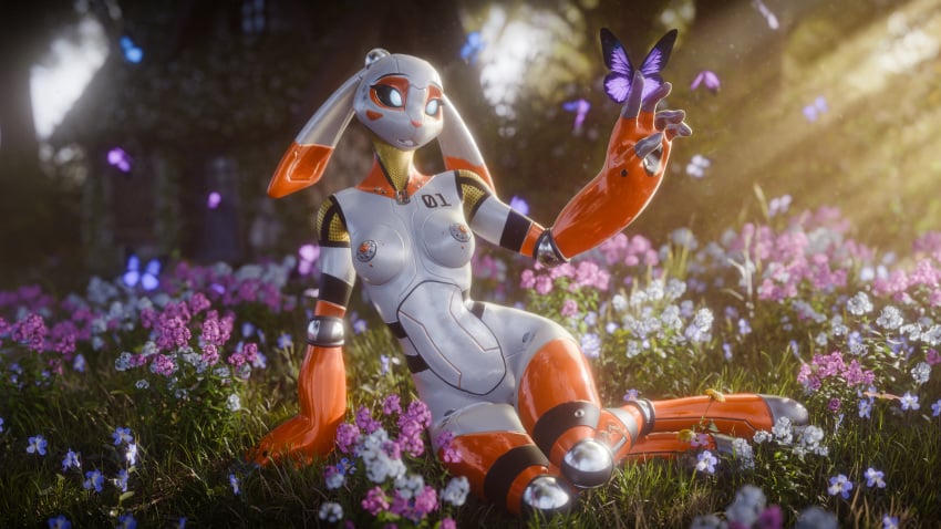 16:9 3d_(artwork) annoad anthro arthropod barely_visible_genitalia barely_visible_pussy black_sclera blurred_background breasts buckteeth building butterfly chest_tattoo digital_media_(artwork) digitigrade ears_down female flower forest forest_background genitals gimbal_(warfaremachine) grass hi_res house insects lagomorph lepidopteran leporid light machine mammal medium_breasts nature nature_background nipples nude nude_anthro nude_female number_print orange_body orange_nose pivoted_ears plant pussy rabbit robot robot_anthro sitting sitting_on_grass sitting_on_ground solo sunlight tattoo teeth tree white_body wide_hips widescreen