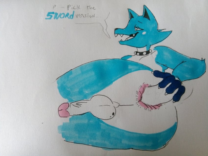 1boy anal_insertion anal_masturbation anthro anthrofied anus ass big_ass blue_fur canine collar dildo femboy furry green_eyes half-closed_eyes insertion logo looking_away male male_only meow_fuck nintendo nude open_mouth original_character penis pokemon pokemon_ss sketch solo sword teeth testicles text thick_thighs trap white_fur wide_hips wolf